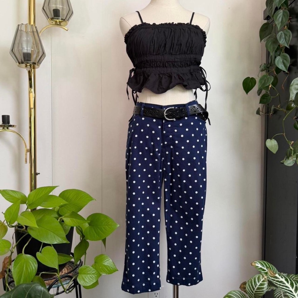 St. Johns Bay Womens Navy Blue White Polka Dot Capri Pants Straight Leg Size 10